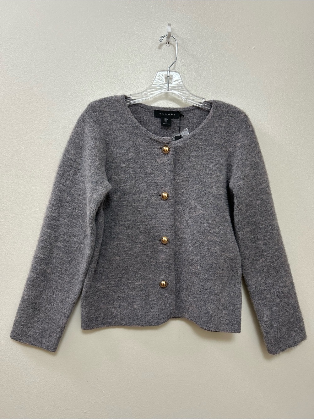 Tahari Grey Crewneck Cardigan Sweater with Gold Buttons Front Size-S